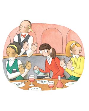 cartoon of ladies lunch, no one wants to pay the bill